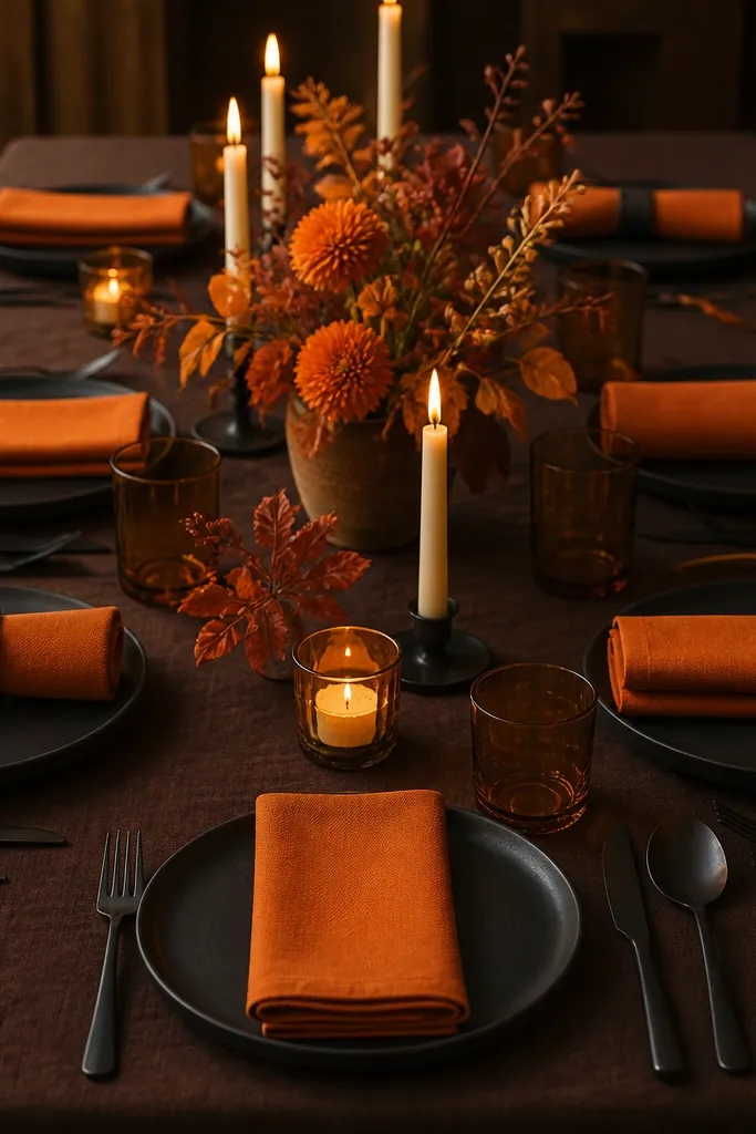 Burnt tangerine napkins on charcoal plates with simple rustic cutlery