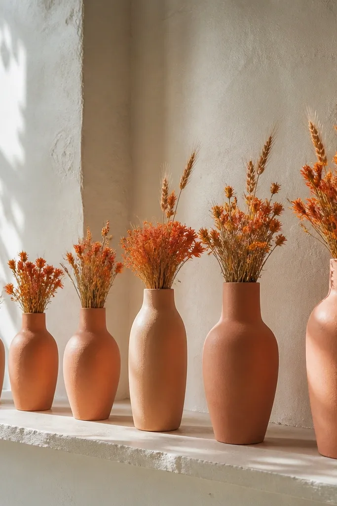 Graduated clay bud vases with orange dried flowers along a table
