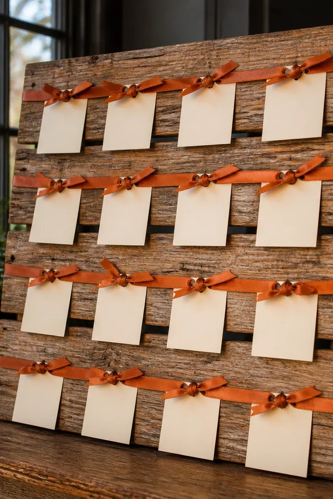Escort card board on aged wood with orange ribbon ties and cream cards