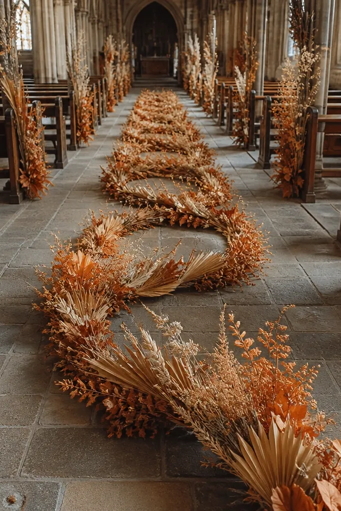Rust orange dried florals arranged in loops along an aisle runner