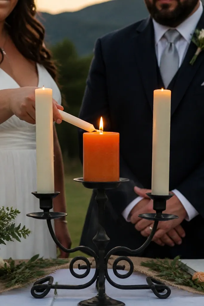 Black iron candle stand with orange candles and cream taper candles