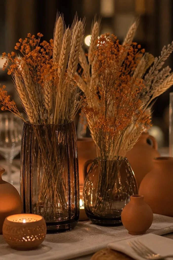 Terracotta-toned centerpieces with smoke-gray glass vases and orange stems