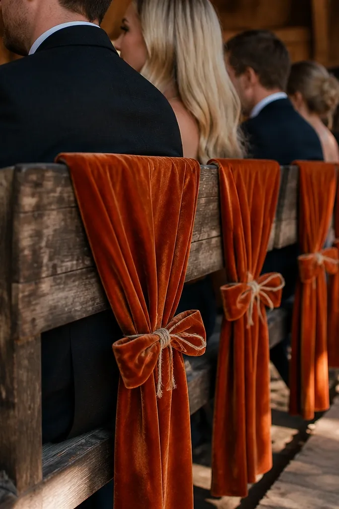 Rust orange velvet chair sash with natural twine bow on a wooden chair