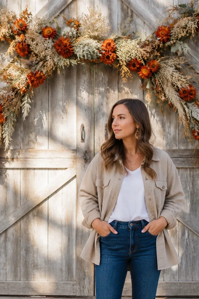 Burnt tangerine dried garland draped over a wooden barn door