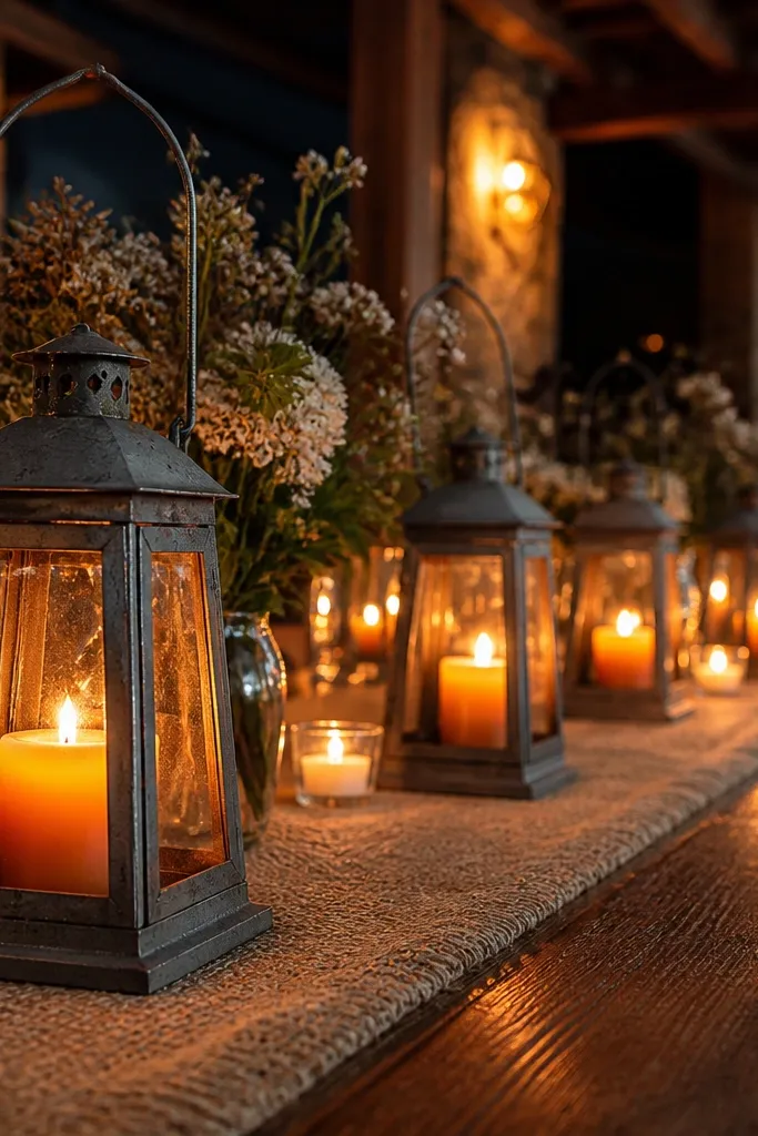 Lanterns with orange candles placed along a jute runner