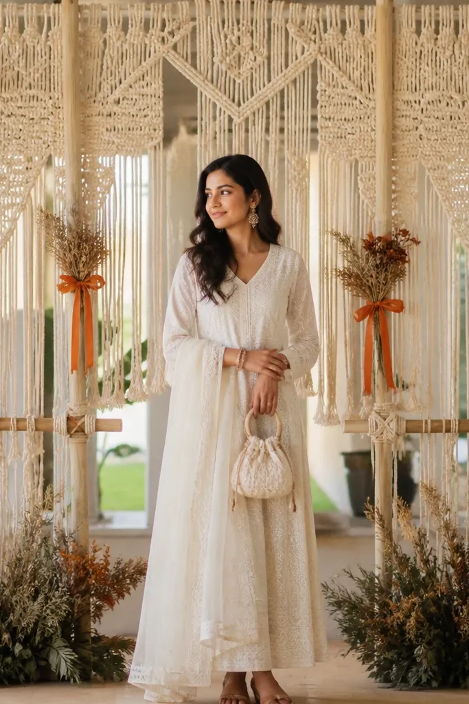 Macrame backdrop with terracotta tones and small orange tied sprigs