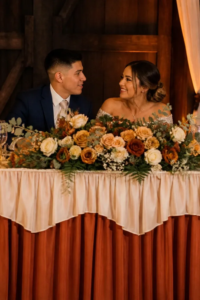 Rust orange table skirt with cream ruffled overlay at a rustic reception