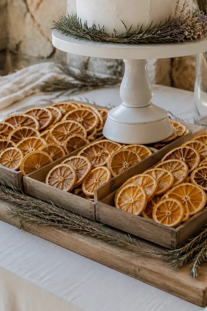 Cake table with orange citrus slices, dried herbs, and warm orange accents