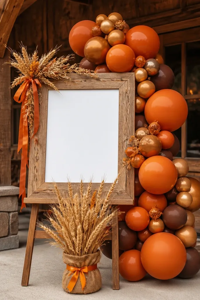 Aged wood welcome sign with rust orange balloon cluster behind it