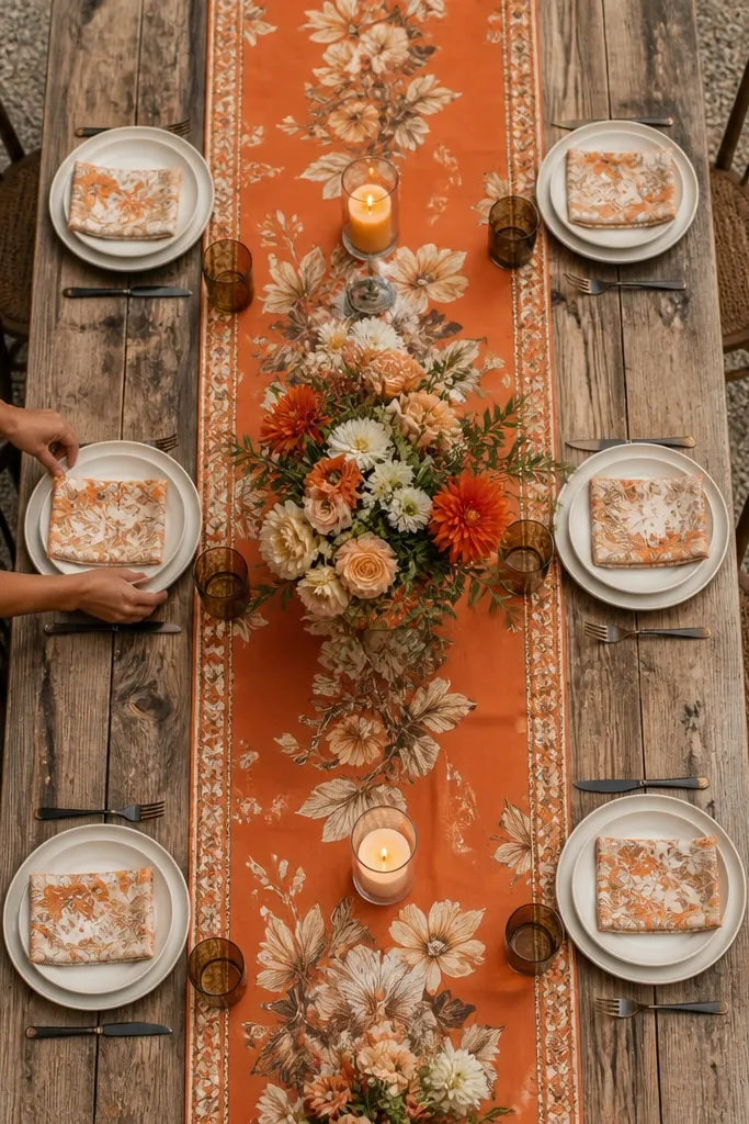 Orange and cream floral panels draped over a farm table with candles