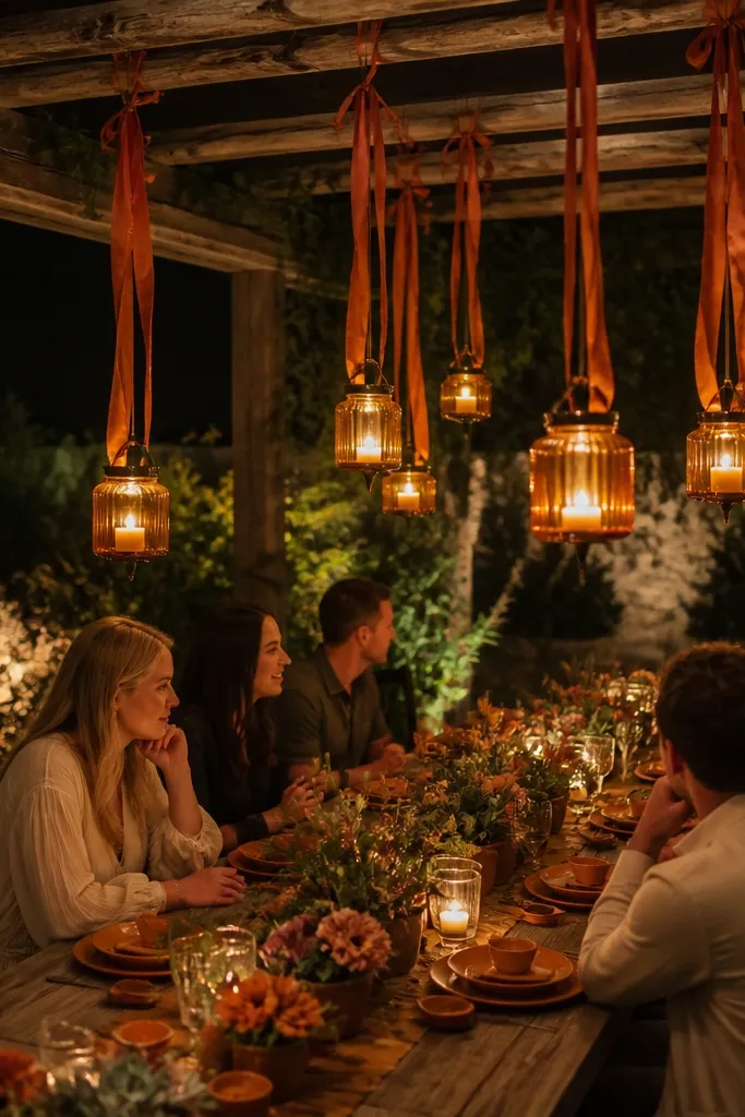 Amber glass hanging candles with terracotta accents above a reception area