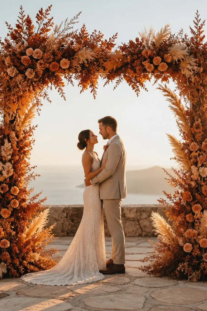 Arch with terracotta and orange dried florals and minimal greenery