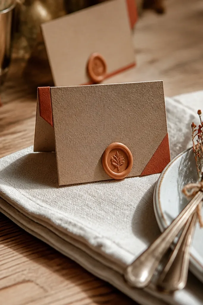 Kraft paper place cards with rust orange folds and small wax seals