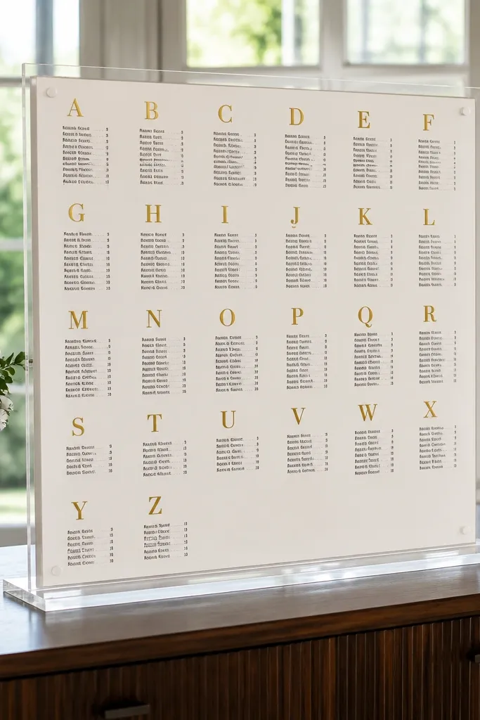 Clear acrylic sign with gold table letters and black guest names in rows