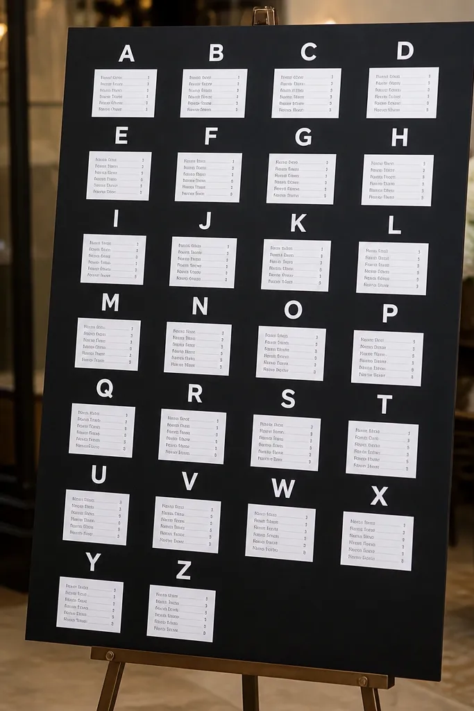 Matte black board with large white table-letter headers and neat black name rows
