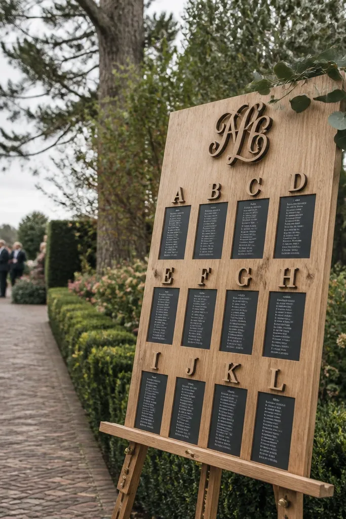 Wood easel holding a seating chart with cutout table letters and dark name text