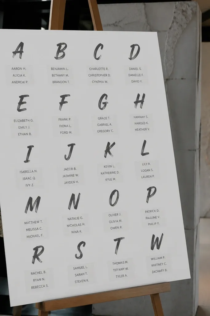 Off-white board look with brushstroke table letters and typed guest names