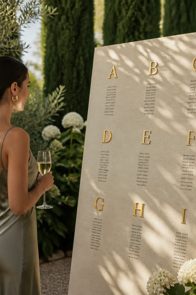Cream linen-textured board with gold foil table letters and black name lists