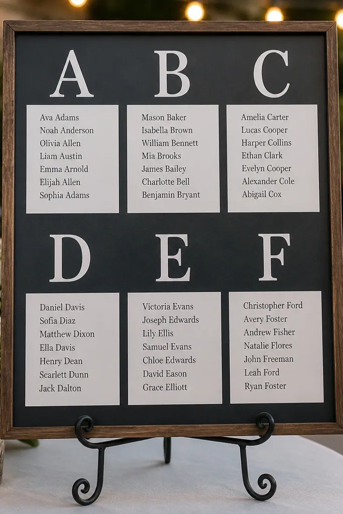 Chalkboard-style sign with white table-letter blocks and typed black names