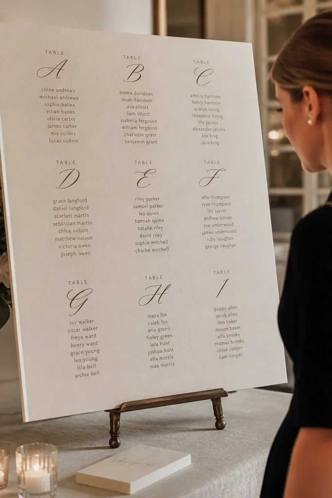 Cream board with script table letters and sans-serif guest names in organized blocks