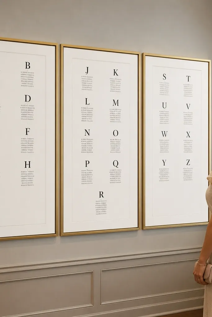 Three framed panels showing tables A-F, G-M, and N-Z with black names