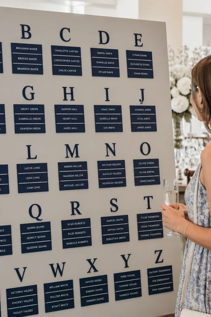 Light gray board with dark navy name cards under table letters and neat rows