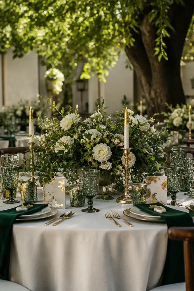 Emerald green florals on cream table settings with antique gold candle holders