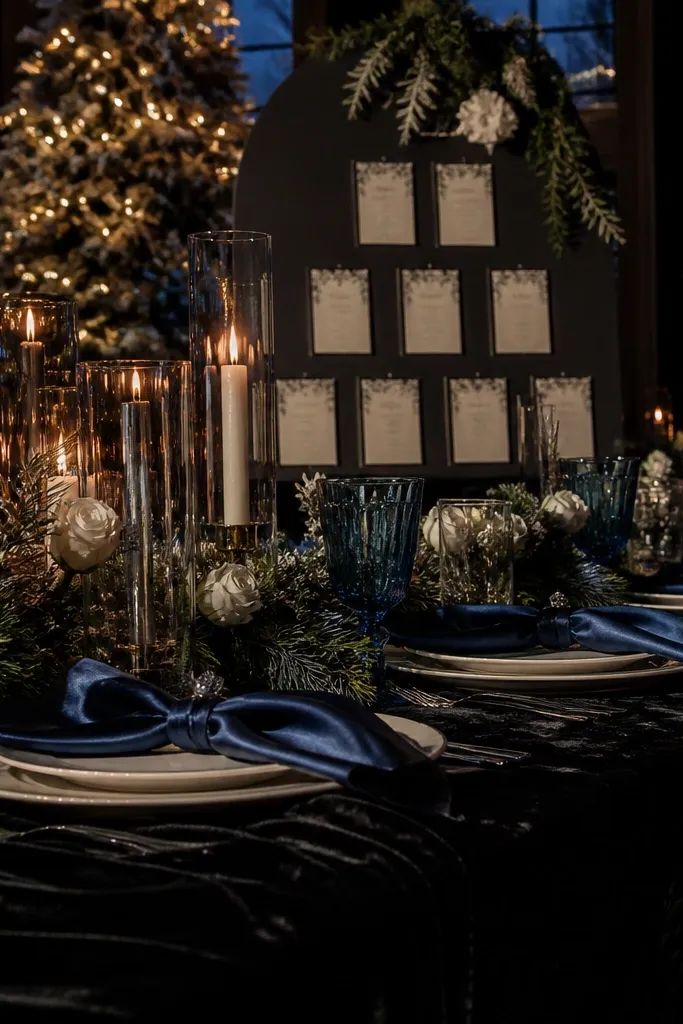 Deep blue sapphire centerpieces with ivory linens and black velvet ribbon details