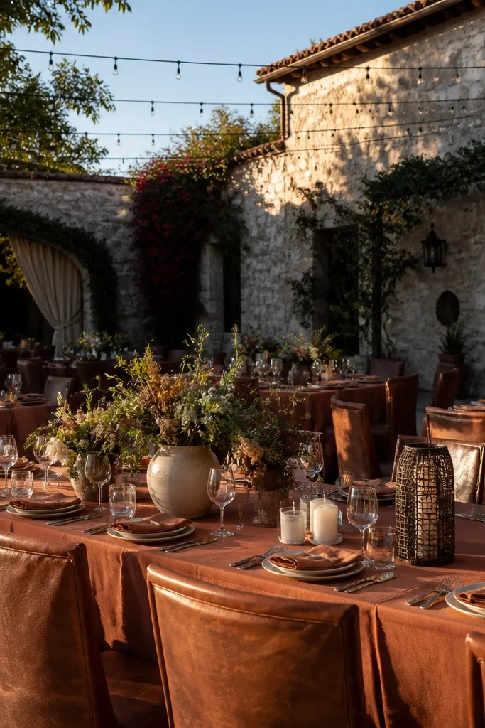 Terracotta centerpieces on cream tables with umber leather menu holders