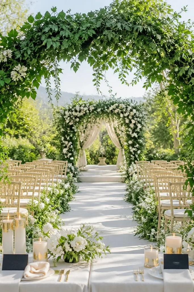 Emerald greenery bouquets with ivory linens and subtle gold-dusted candles