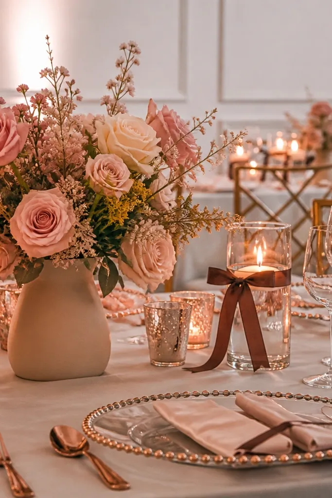 Blush pink linens with rose gold candle holders and cocoa brown escort card frames