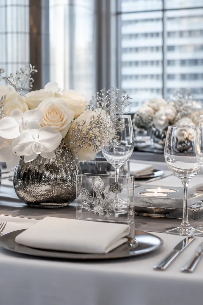 Ivory table setting with smoke gray linens and silver leaf place cards