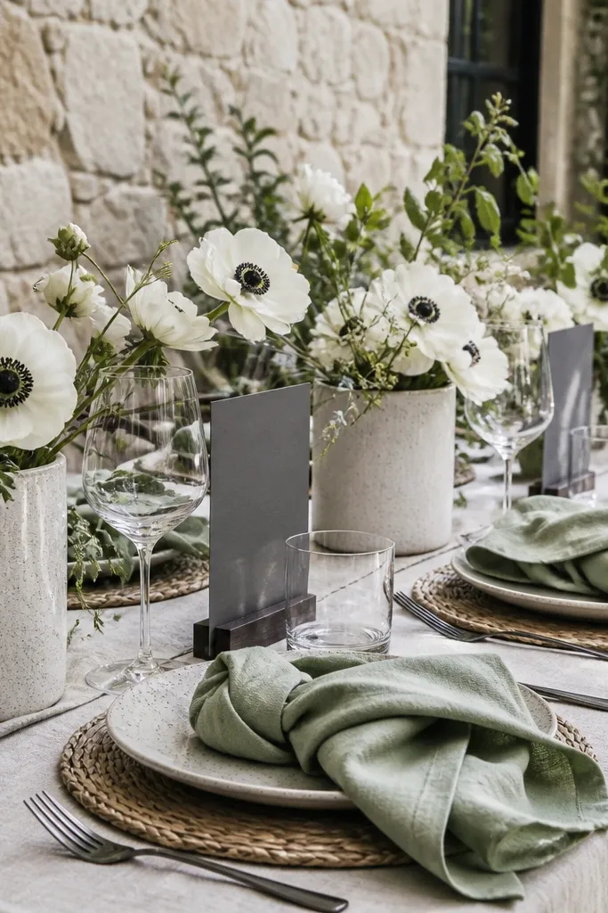Sage green runner with oat napkins, charcoal signage, and white paperwhite-like flowers