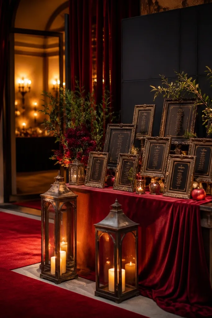 Pomegranate red centerpieces on ivory tables with blackened gold frames