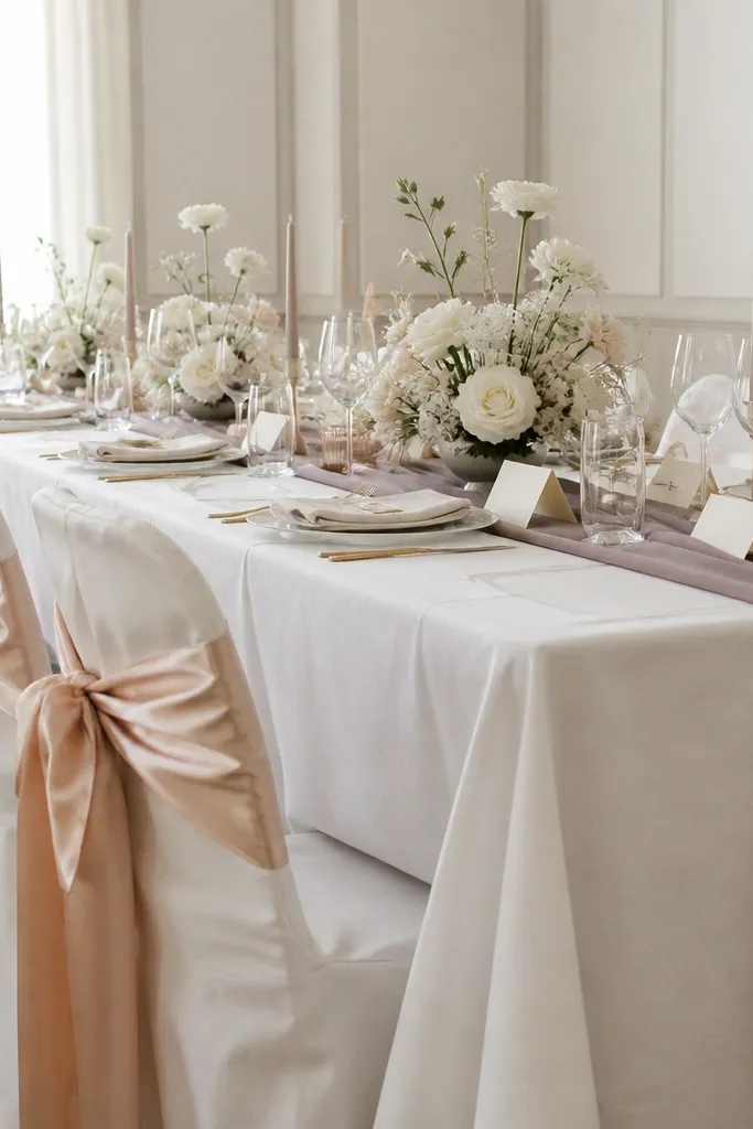 Pearl white table linens with blush champagne florals and smoky taupe napkins