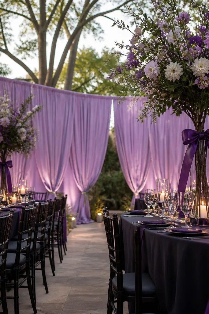 Lilac satin linens with charcoal menus and iris purple floral accents