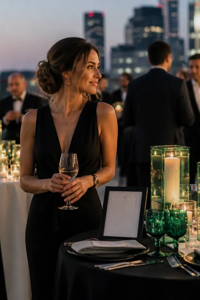 Black table runner with ivory candles and emerald green glassware accents