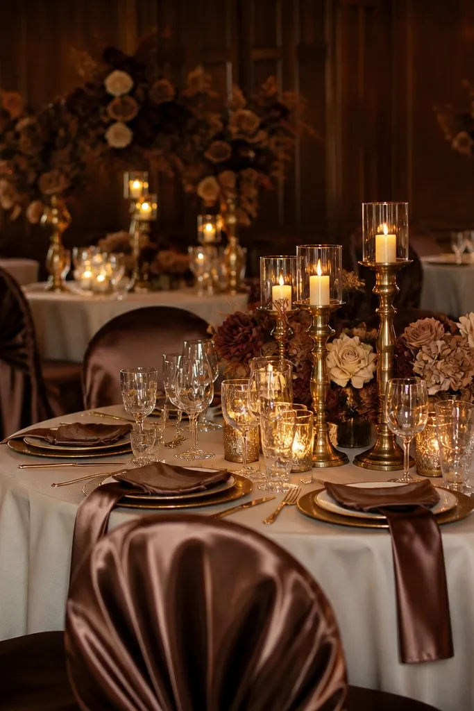 Mocha satin linens with cream florals and antique brass candle holders