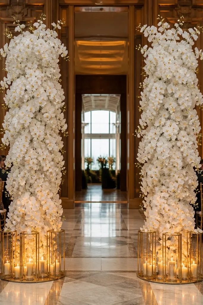 White orchids in tall columns with gold candle rings on a wedding stage