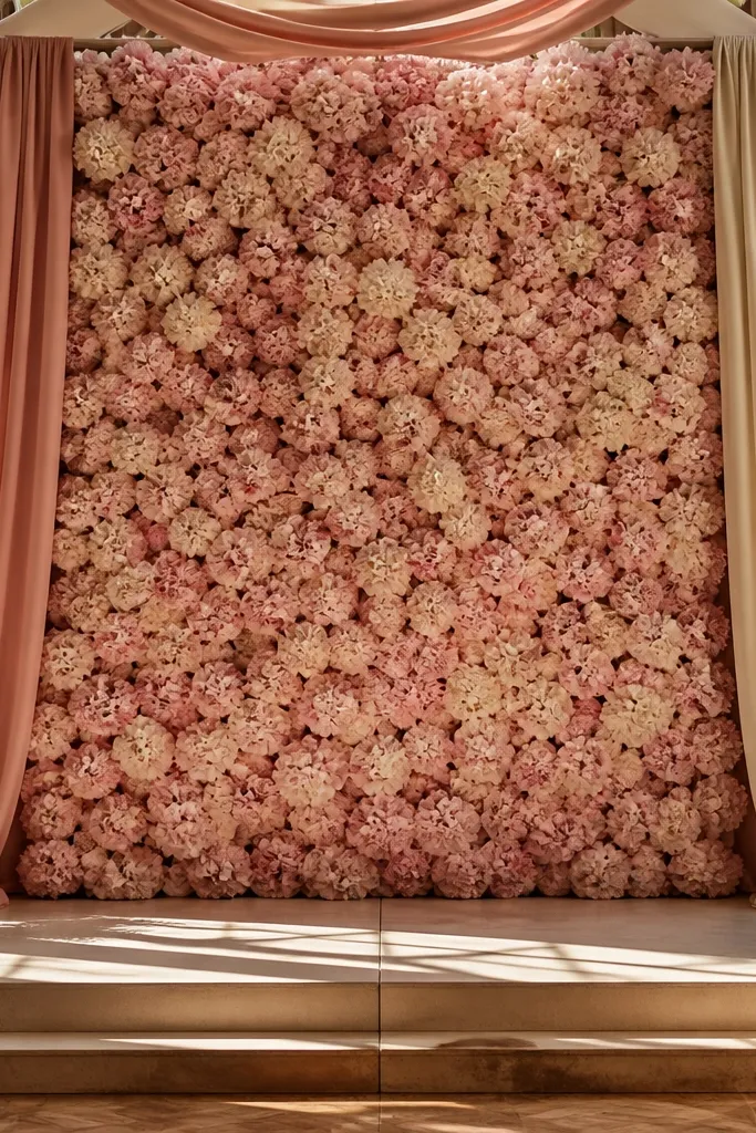 Blush hydrangea clusters behind a wedding stage with soft linen drapes