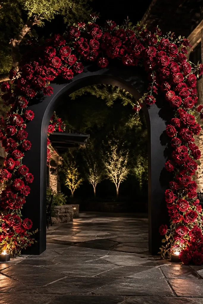 Dark burgundy roses cascading over a black floral arch on a wedding stage