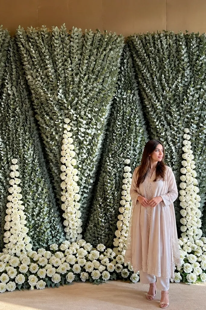 White roses and eucalyptus arranged in a fan pattern on a wedding stage wall