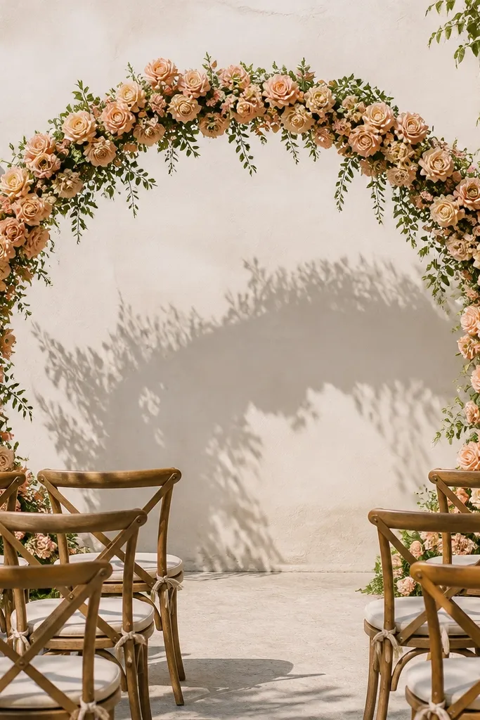 Peach garden roses arranged in a half-moon floral backdrop behind a wedding stage