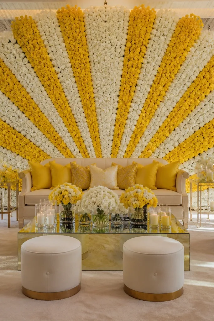 Lemon and white rose sunburst floral panel on a wedding stage
