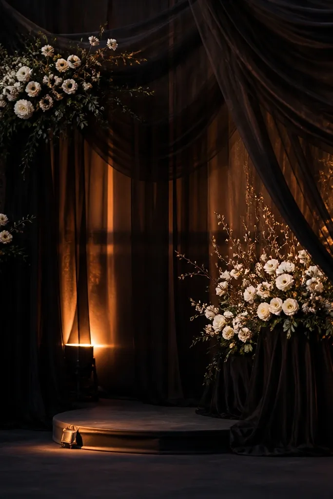 Black tulle draped stage with white flower sprays and soft lighting