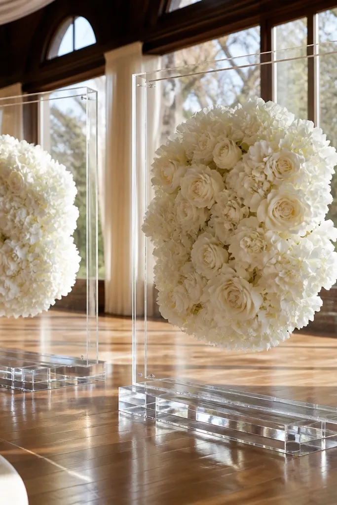 White rose and peony pom-pom clusters on clear acrylic frames on a wedding stage