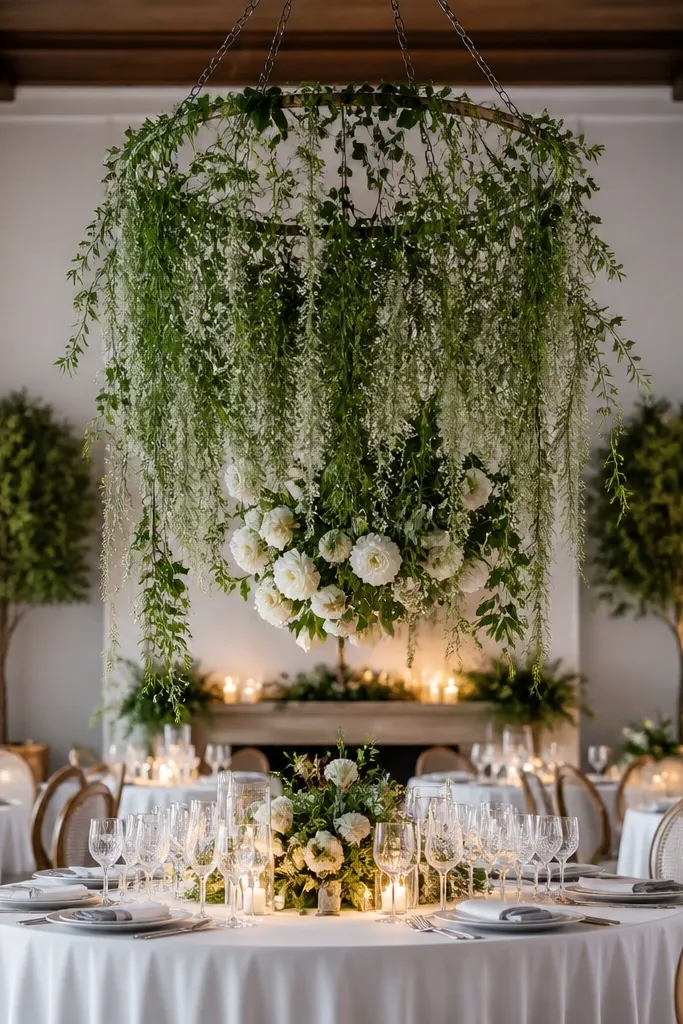 Cascading greenery chandelier style floral installation above a wedding stage