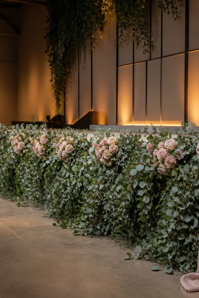 Garland wall of roses and eucalyptus with oversized front bows on a wedding stage