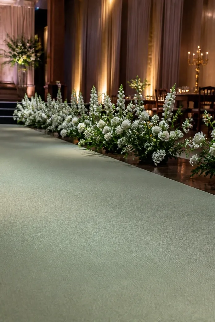 Satin sage runner on stage floor with white flower clusters along the edges