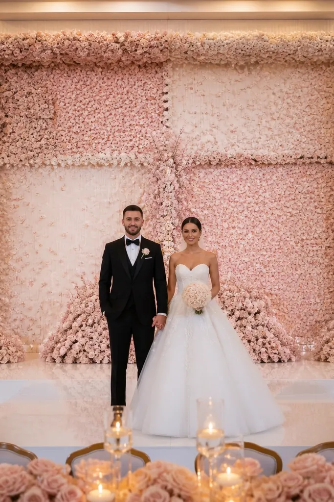 Quartered floral frame backdrop with roses and matching tall center peaks on a wedding stage